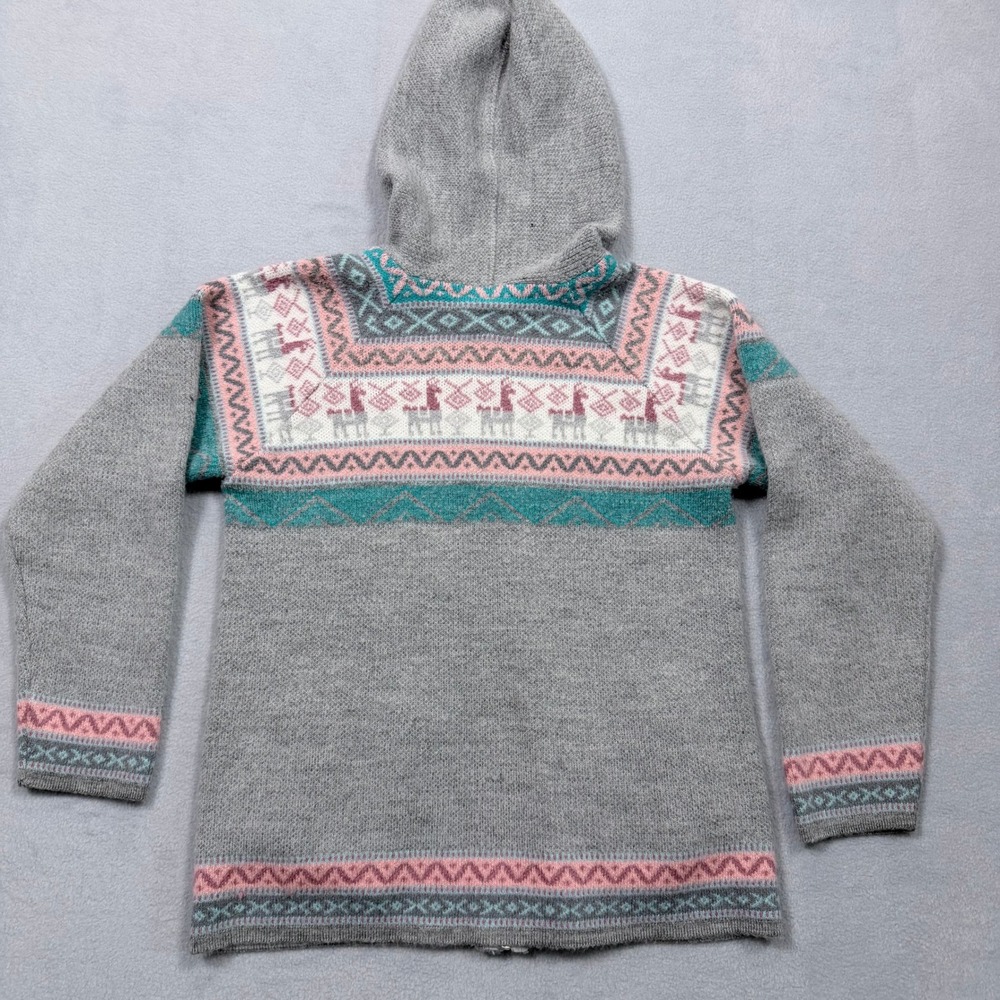 Boho Artisan Ecuador Llama Wool Knit Zip Up Hoodie Cardigan Jacket Youth 10 Gray - Picture 8 of 10